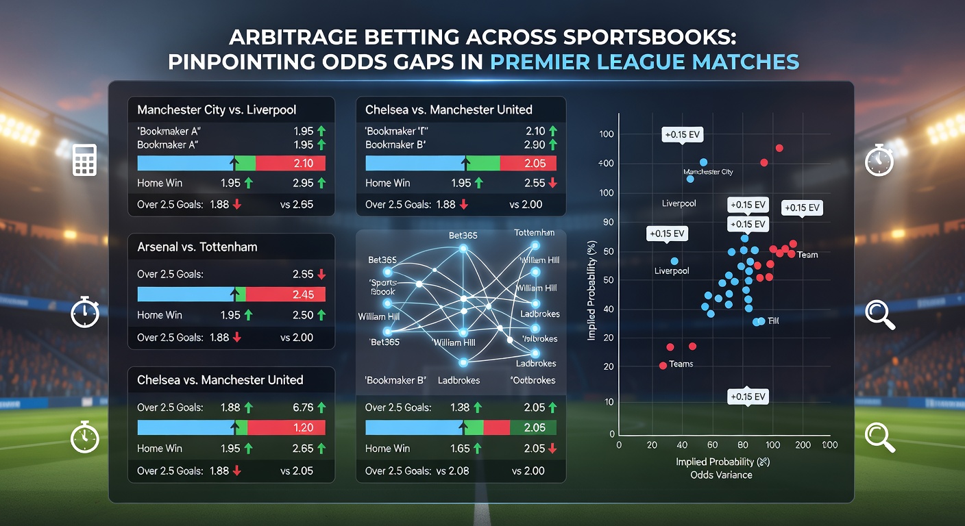 Screenshot eines Odds-Vergleichstools mit hervorgehobenen Arbitrage-Möglichkeiten für ein Premier-League-Spiel im April 2026