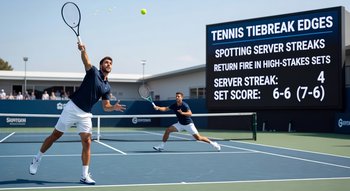 Ein Returner in Aktion während eines Tiebreaks, der einen starken Serve kontert und den Ball aggressiv zurückspielt, mit dem Netz im Hintergrund